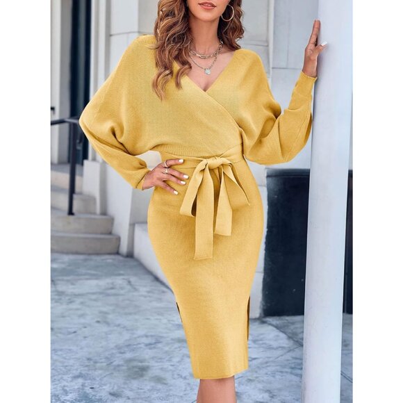 Women's Sweater Dress Wrap Batwing V Neck Slit Bodycon Dress with Belt Yellow - Picture 6 of 7